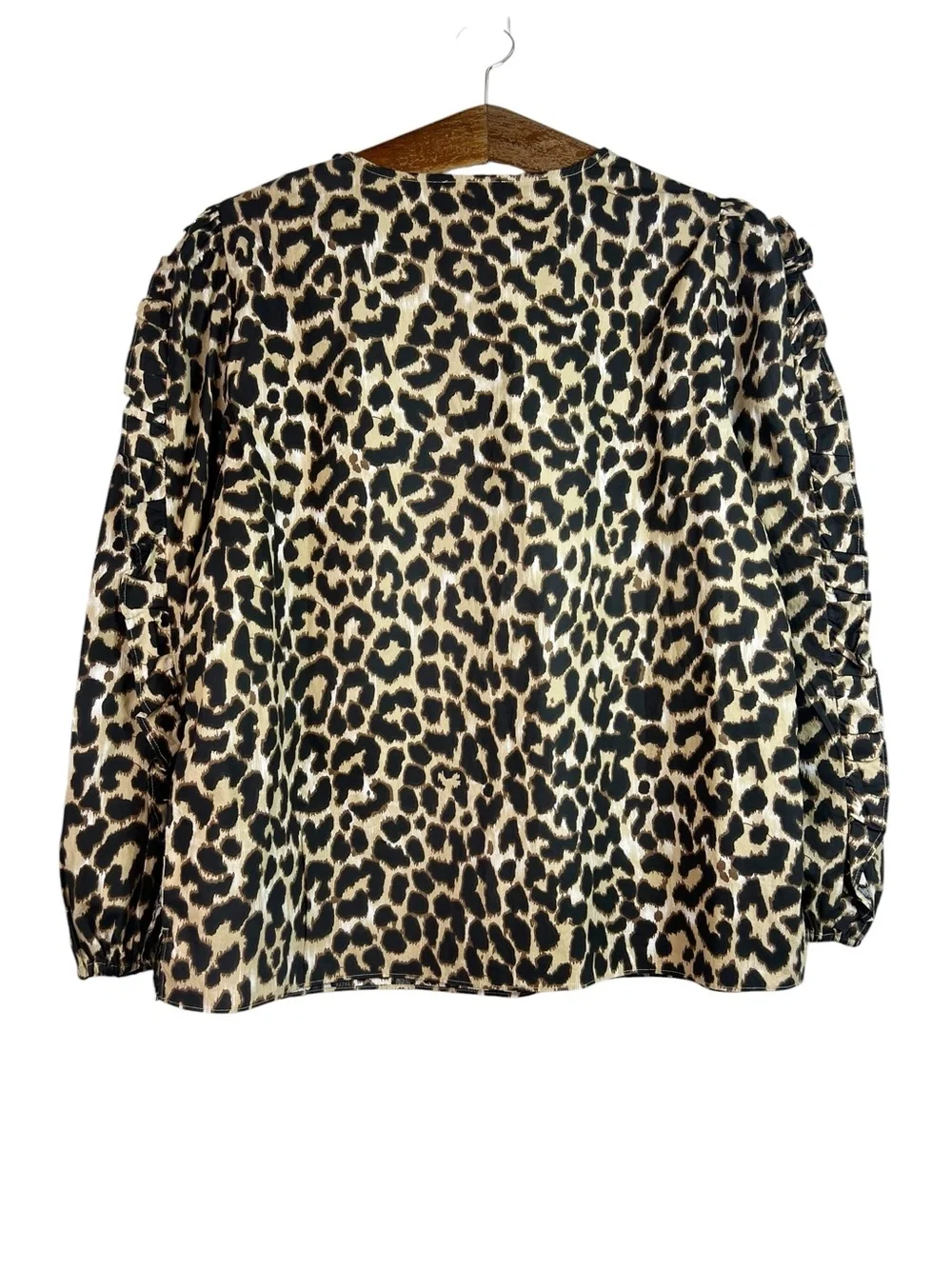 J Crew Woman's Leopard Print Ruffle Puff Long Sleeve Blouse Size M Preppy AS011